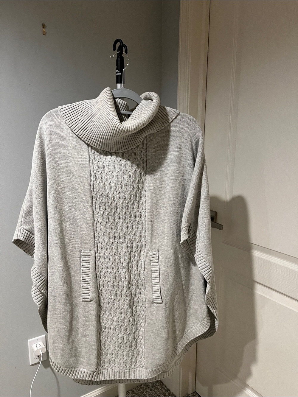 CAbi Light Gray Cable-Knit Turtleneck Poncho Sweater